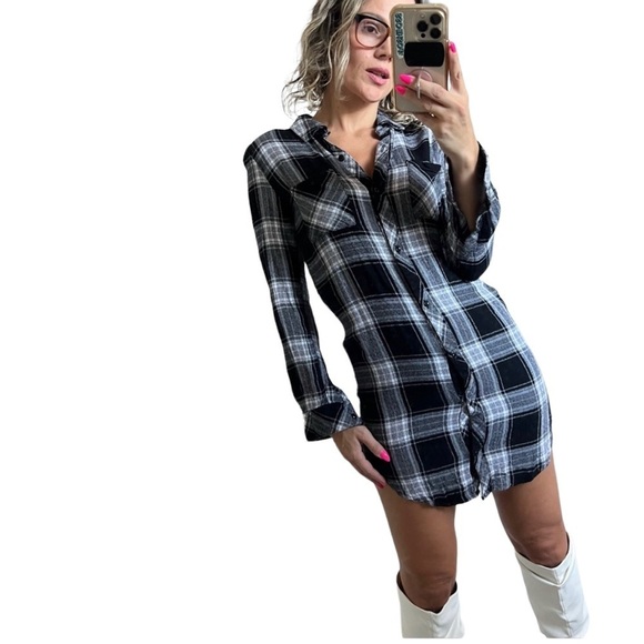 Rails Black Grey White Check Plaid Long Sleeve Button-Front Mini Dress Women XS - Picture 11 of 13
